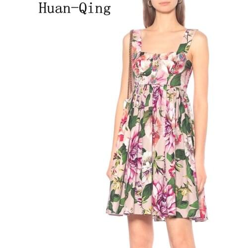 2020 Summer Luxury Print Sundress Spaghetti Strap Dress Runway Women Sexy Sleeveless Petal Buckle Elegant Party Dresses Vestidos