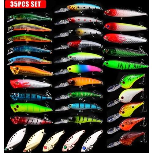 35pcs/set Mixed Type Fishing Lures Crankbait Hard Baits Tackle Artificial Swimbait Fish Minnow Lure Vib Plastic Wobbler Bait