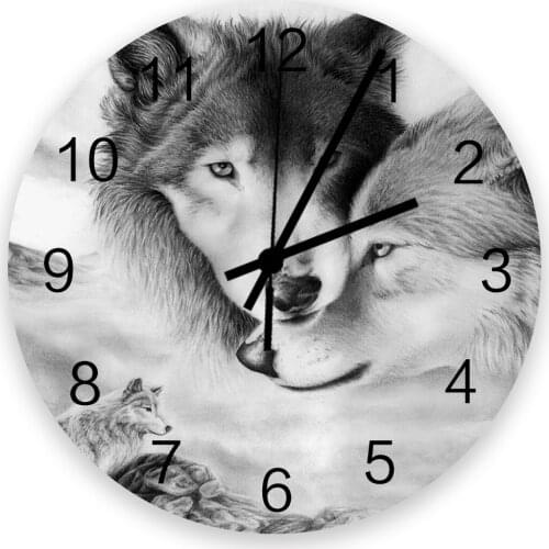 Black And White Animal Wolf 30cm Wooden Wall Clock Modern Design For Home Living Room Office Kitchen Wall Decor Hanging