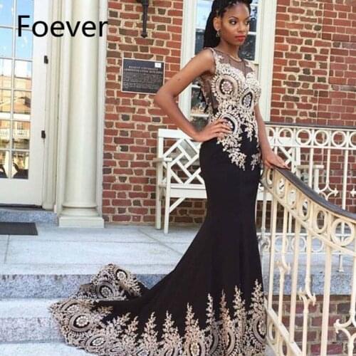 Vestido De Festa Black Mermaid Scoop Prom Dress With Gold Lace Applique Long evening dress party Formal Gown