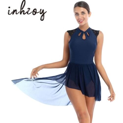 Women Figure Skating Dress Dance Wear Lace Cap Sleeve Asymmetrical Mesh Skirted Ballet Leotard Adult Stage Performance Costume