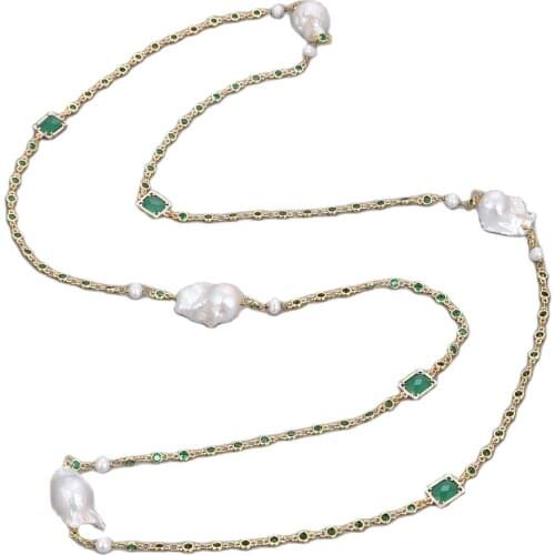 GG Jewelry 43" White Keshi Pearl Green Crystal Chain Necklace Earrings Sets