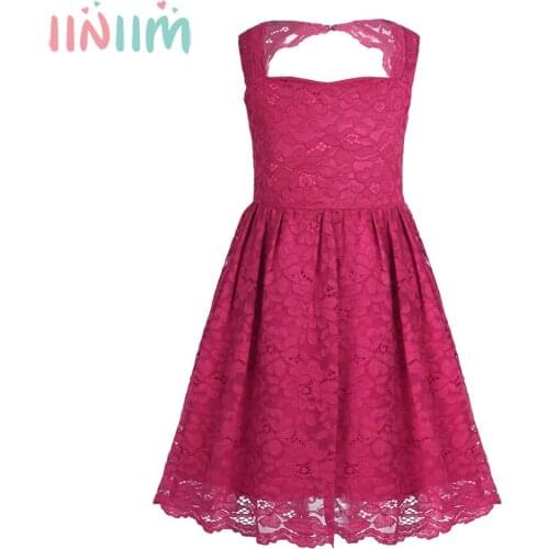 Iiniim Girls Sleeveless Floral Lace Cutout Back Flower Girls Dress Princess Pageant Wedding Bridesmaid Party Tulle Lace Dress