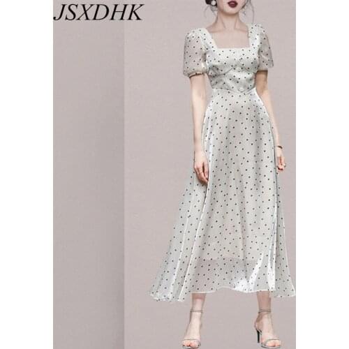 JSXDHK 2021 New Elegant Runway Wave Point Print Dress Vintage Summer Women Puff Sleeve Chiffon Square Collar Swing Long Dress