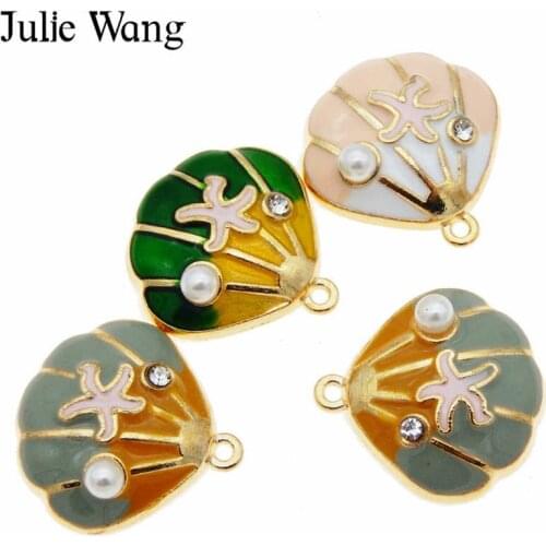 Julie Wang 6PCS Enamel Shell Starfish Charms Pearl Rhinestone Gold Tone Bracelet Necklace Alloy Pendant Jewelry Making Accessory
