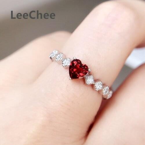 LeeChee Garnet Heart Ring for Young Girl Wedding Anniversary Gift 5MM Wine Red Natural Gemstone Jewelry 925 Sterling Silver