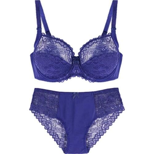 Large Size Womens Lace Underwear Set Floral Embroidery Bra & Panties Sexy Bra Set Female Ultra Thin Lingerie Black 34 36 38 40 C