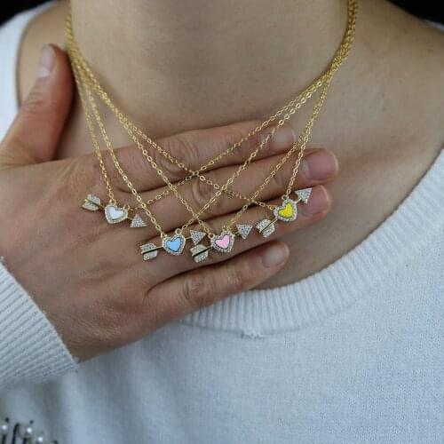 Candy Pastel Enamel Fashion Jewelry Micro Pave Sparking CZ High Quality Trendy Heart Arrow Necklace