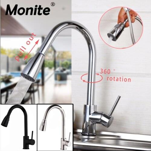 Monite Nickel Brush Black Paint Chrome Finish Solid Brass Spring Kitchen Faucet Two Spouts Swivel Deck Mount Mixer Faucet Tap