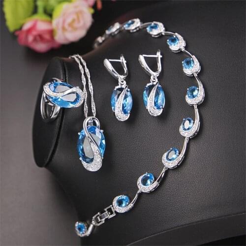 Shiny CZ Sky Blue Silver 925 Jewelry Big Oval Jewelry Set For Women Earrings Ring Necklace Bracelet Set Bridal Jewelry