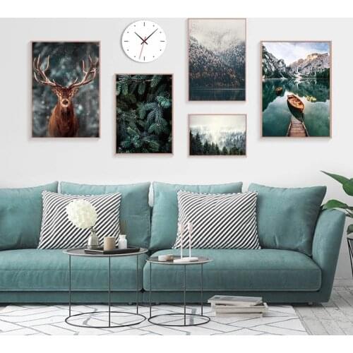 Nordic Fog Forest Landscape Poster Deer Canvas Painting Mountain Lake Boat Wall Art Print Nature Decorative Picture Home Decor