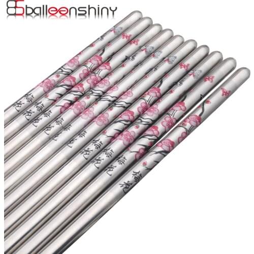 BalleenShiny 5 Pairs Stainless Steel Plum Chopsticks Food Sticks Plum Flower Chinese Sushi Chop Stick Flatware Cutlery Tableware