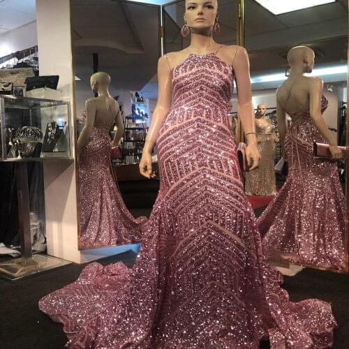 Sparkle Sequins Prom Dress 2020 Rose Gold Mermaid Spaghetti Neck Sexy Back Pageant Gowns Lace Up Back Sleeveless