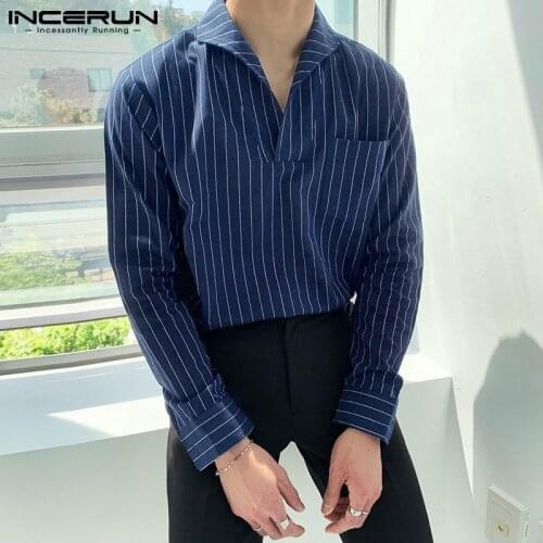 Man Pockets Loose Chemise Streetwear INCERUN Korean Style Men Leisure Long Sleeve Shirts Casual Striped Lapel Neck Blouse 5XL 7