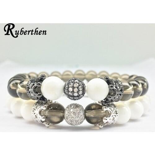Ruberthen Extravagant Design CZ Crown Bead Charm Bracelet High Quality Smoky Quart z Energy Bracelet Bohemia Style Jewelry