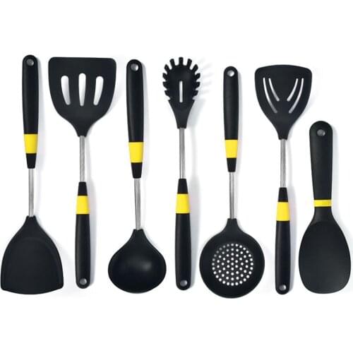 Silicone Kitchen Tools Cooking Tools Utensils Set Yellow Spatula Soup Spoon with Metal Handle Special Heat-resistant Design