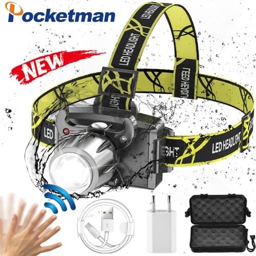 40000lm Super Bright LED Headlamp Zoom Headlight with Built-in Battery USB Rechargeable Head Lamp Induction Head Front Light