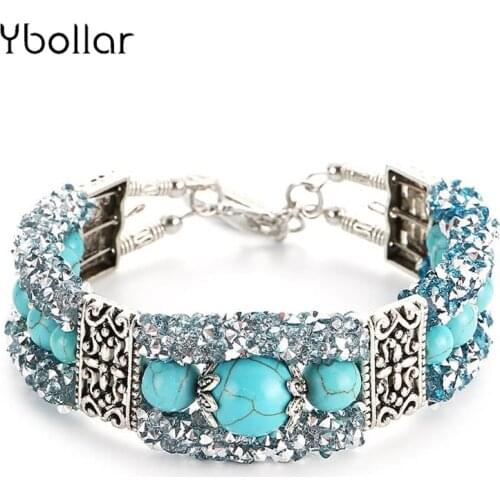 Vintage Turquoises Bracelets for Women Round Beads Antique Silver Color Leaf Pendant Cuff Bangles Fashion Bohemian Jewelry Gift