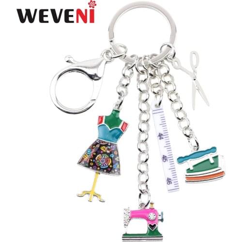 WEVENI Enamel Metal Sewing Machine Tools Scissors Ruler Key Chains Keychains Fashion Jewellry For Women Girls Gift Bag Pendant