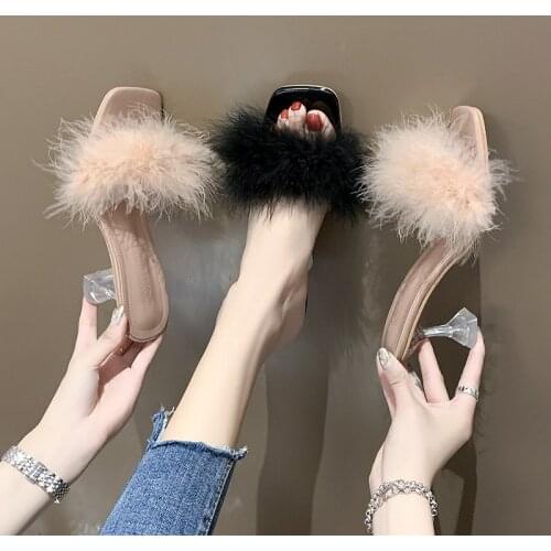 2020 black/pink fur sandals women strange high heels summer shoes furry slippers brand crystal heeled feather sandalias mujer