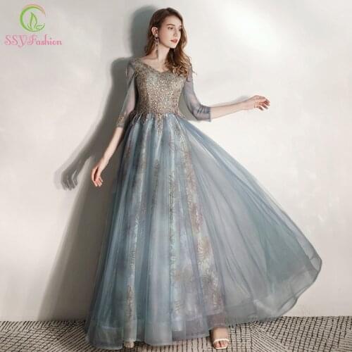 SSYFashion Winter New Evening Dress Banquet Elegant Grey Blue Half Sleeve V-neck Lace Appliques Formal Gown Vestidos De Noche
