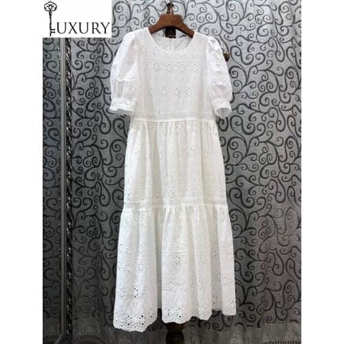 2020 White Top Quality Summer Fashionable Women O-Neck Allover Exquisite Embroidery Short Sleeve Mid-Calf Vintage Dress