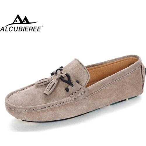 ALCUBIEREE Mens Suede Leather Driving Shoes Stylish Metal Buckle Slip-on Flats Loafers with Tassel Comfort Boat Shoes Moccasins
