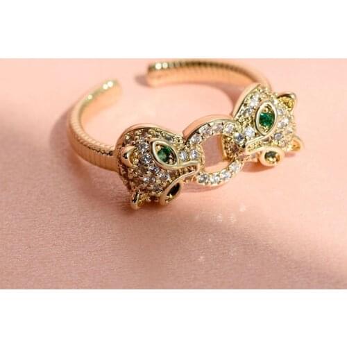 Zircon Double Panther Head Ring INS Popular Personality Hip-hop Pnunk Open Ring Cool Women Adjustable Leopard Finger Accessories