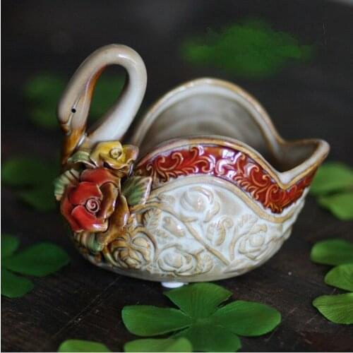 Colorful Swan Ceramic Embossed Desktop Pen Storage Creative Home Ceramic Decoration Ornaments