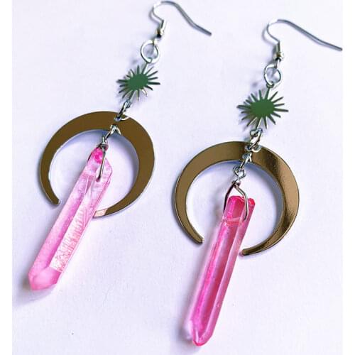 Celestial Long Earrings, Ab Crystal Earrings, Crescent Moon Earrings, Sun and Moon Earrings Raw Boho Crystal Goddess Earrings