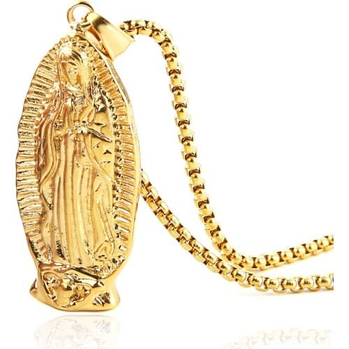 HZMAN Stainless Steel Blessed Mother Mary - Our Lady of Guadalupe Pendant Necklac with Steel Wheat Chain