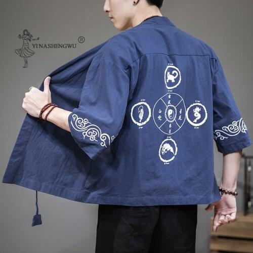 Men Japanese Kimono Print Yukata Coat Samurai Crane Harajuku Style Japan Haori Male Cardigan Chinese Asian Traditional Costume