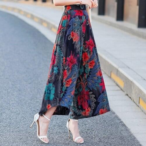 2020 Summer Wide Leg Pants Women Plus Size High Waist Ankle-Length Beach Pants Summer Casual Retro Print Middle-aged Women Pants