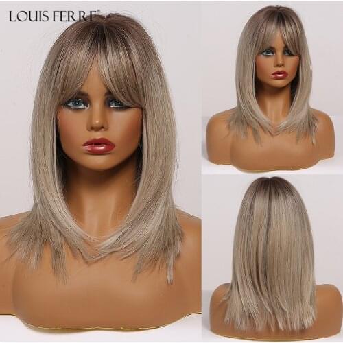 LOUIS FERRE Platinum Blonde Wig Short Bob Synthetic Straight Wigs for Women Afro on Party/Daily Heat Resistant Wig with Bangs