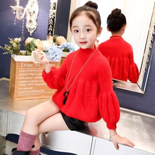 Girls Outfit with Thick Hair Princess Sweater Pure Color Lantern Sleeve Girls Sweater