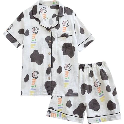 2021 Ladies New Cotton Pajamas Dress Suits Summer Double Gauze Seersucker Thin Short-sleeved Shorts Cute Home Wear Pyjama Sets