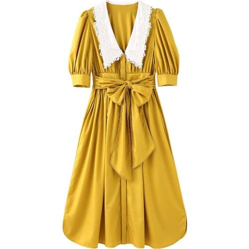 PERHAPS U Women Yellow Lace Peter Pan Collar Patchwork Dress Puff Short Sleeve Sash Knee Length Dress Vintage Summer D2557