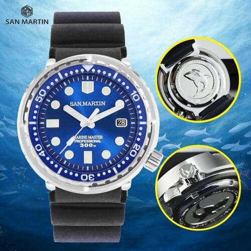 San Martin TUNA Diver Automatic Watch Men Colorful Convex Sapphire Crystal Glass Waterprof BGW-9 Blue Light Luminous Watches
