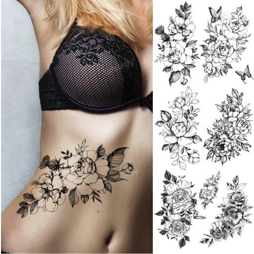 Sexy Tattoo Designs Waterproof Temporary Black Sketch Flowers Tattoo Stickers Flash Fake Big Body Tattoos for Women Girls Beauty