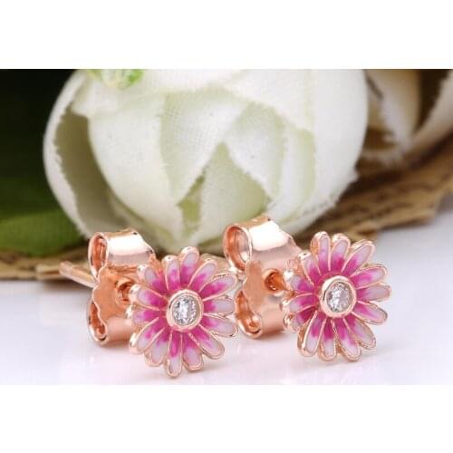 Free Shipping Authentic 925 Sterling Silver Spring Daisy Flower Stud Earrings For Women DIY Jewelry