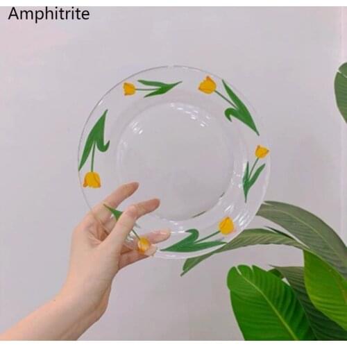 Nordic In Yellow Tulip Glass Plate Retro Simple Salad Dishes Dessert Stand For Cake Snack Tablet Wedding Plates Home Decoration