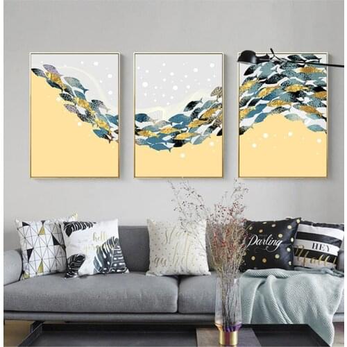 Spot colourful fish swimming golden and white modern simple Nordic decorative Picture Canvas Wall Art Poster Unframed Painting