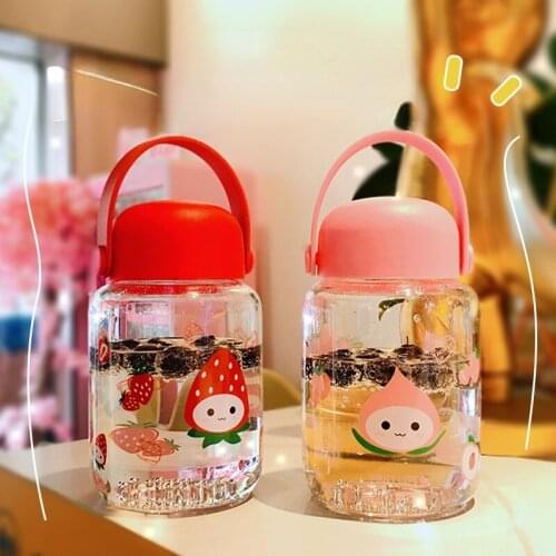Fruit Glass Cute Little Cartoon Transparent Water Bottle with Lid String Portable Coffee Mug with Silicone Handle Sleek Body