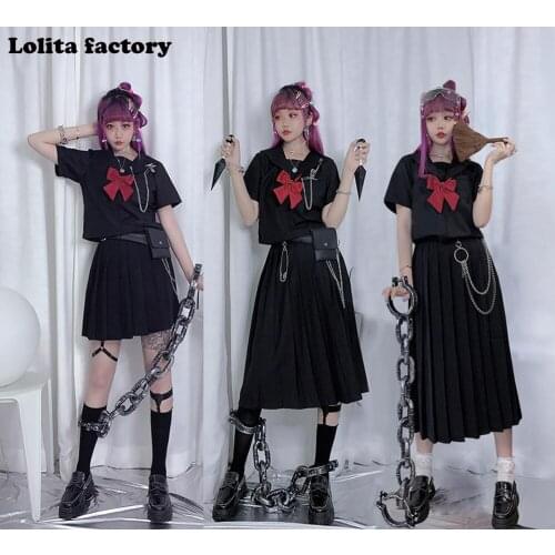 Japanese Bad Girls long sleeve JK Uniform Basic Pleated Skirt Excellent Students Super-long College DARK BLACK Sailor Suits