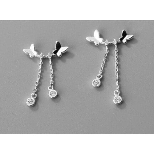 New Prevent Allergy 925 sterling silver Zircon Butterfly Tassel Drop Earrings For Women Girl Gift pendientes oorbellen