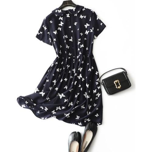 22mm 100% silk fluttering butterfly print dress women short sleeve crew neck knee lenght summer dresses 2021