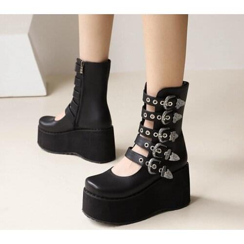 Winter Buckle Ankel Boots Women Punk Female Platform Boots Retro Wedges High Heels Quality Boots Botas Mujer Plus Size 48 1009-1
