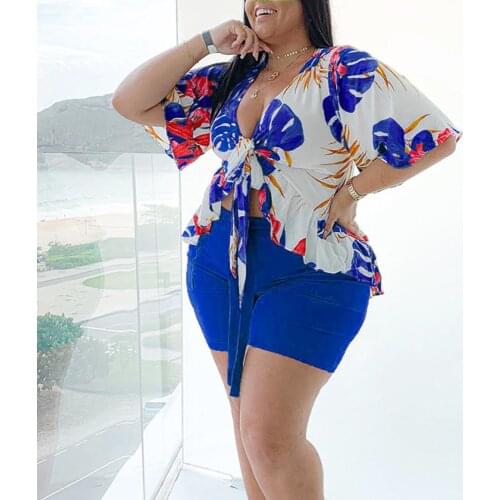 ZJFZML ZZ Women Clothing Two Piece Set Plus Size Print Half Sleeve Beach Wear Tops and Shorts Sweatsuit Wholesale Dropshipping
