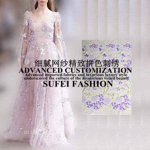130cm wide colorful floral embroideried white net lace dress cheongsam fabric S094