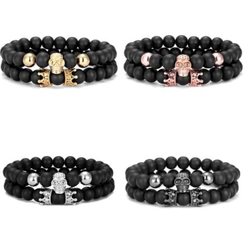 2pcs/lot 8mm skull crown ball gold silver copper cz zircon cubic zirconia beads bohemian Bracelet elastic Stone Bangles fg43